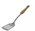 Perforated stainless steel spatula with waxed wooden handle
