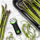 Narrow, rounded stainless steel asparagus peeler with wide, ergonomic non-slip handle