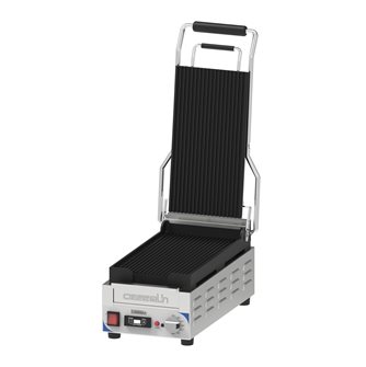 Compact panini contact grill 2.4 kW grooved plates 20x37.5 cm with timer and grease collector