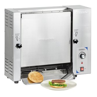 Professional toaster for vertical burger in stainless steel with conveyor tracking indicator
